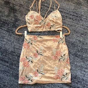 Cream color velvet mini skirt set